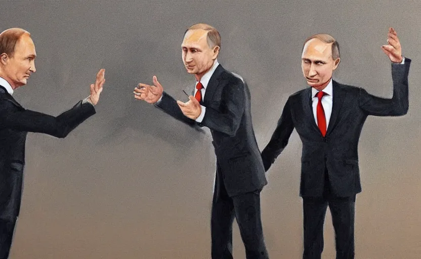 Prompt: zelensky and putin dancing, trending on art station