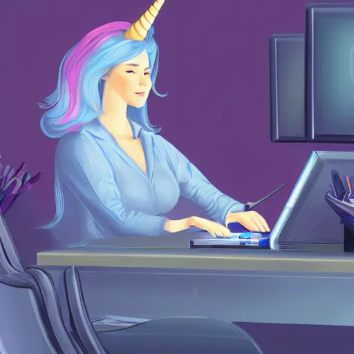 Prompt: unicorn working in an office typing on computer, fantasy, detailed, high quality, artstation contest winner