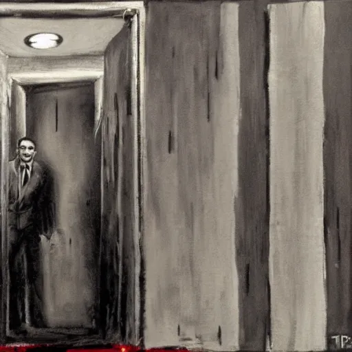 Image similar to Ted Cruz with a wide grin wielding a bloody hatchet peaking through a door in the distance at the end of a narrow corridor, black and white, creepy lighting, scary, horror, ornate, eerie, fear, oil painting