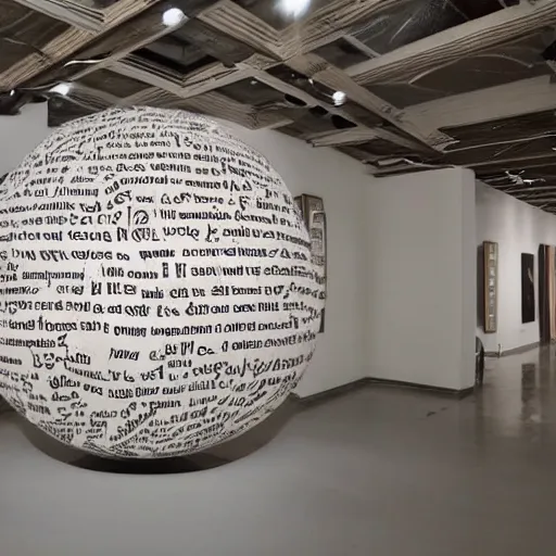 Prompt: : ancient language carved into sphere art installation gallery