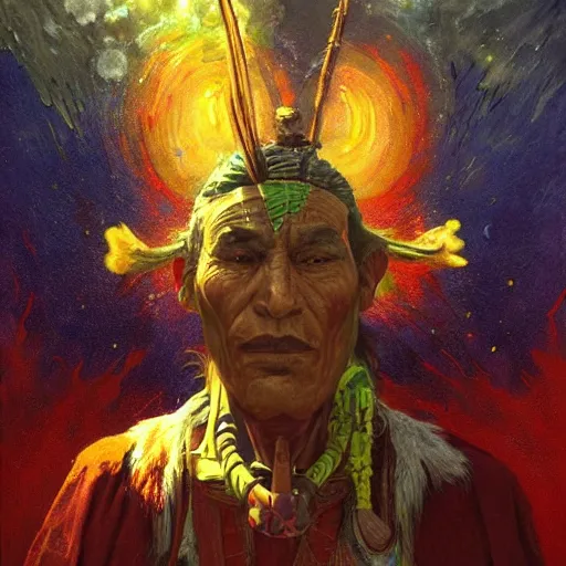 Prompt: ancient shaman staring intently at you, explosive color radiating from his mouth and eyes, by tyler edin and luke brown albert bierstadt moebius james gurney artstation