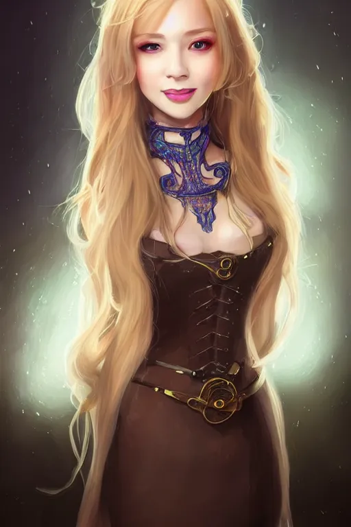 Image similar to portrait of a gorgeous young female artificer, looking at camera, D&D, choker on neck, stylish dress, mouth slightly open, cute slightly nerdy smile, very long flowing hair, intricate, elegant, stylish, fantasy, extremely detailed, digital painting, artstation, concept art, smooth, sharp focus, illustration, stunning lighting, art by artgerm and greg rutkowski and alphonse mucha and simon stalenhag