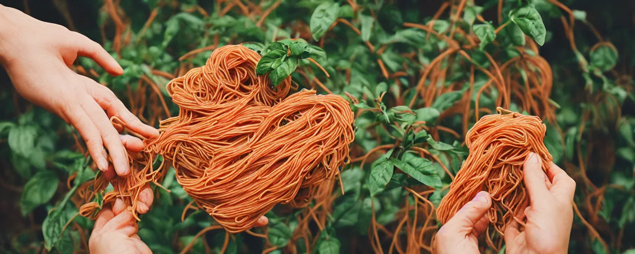 Prompt: medium shot of hands harvesting spaghetti that's growing on a plant, on a farm, canon 5 0 mm, cinematic lighting, photography, retro, film, kodachrome