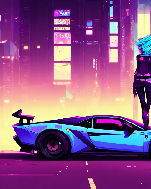 Image similar to digital illustration of cyberpunk pretty girl with blue hair, looking at a purple lamborghini, in junkyard at night, by makoto shinkai, ilya kuvshinov, lois van baarle, rossdraws, basquiat