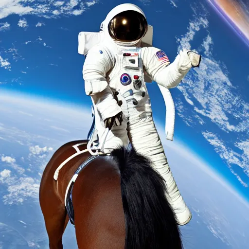 Prompt: A photograph of a horse on top of an astronaut, animal up and human down