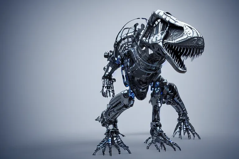 Image similar to futuristic metal cybernetic!! t - rex!!! white blue grey, octane render, studio light,