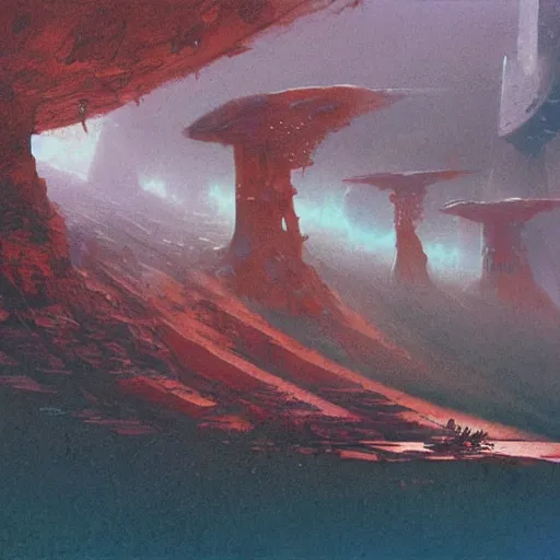 Prompt: view from a plain of a black arcology driven like a spear into the glacier, rust-colored waterfalls pouring from its upper balconies, blue radiation glow beneath, science fiction concept art by Greg Rutkowski and Moebius and Beksinski and Le Corbusier