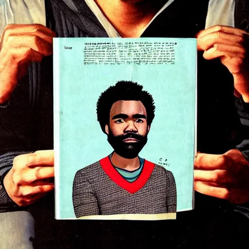 Image similar to “Donald Glover portrait, color vintage magazine illustration 1950”