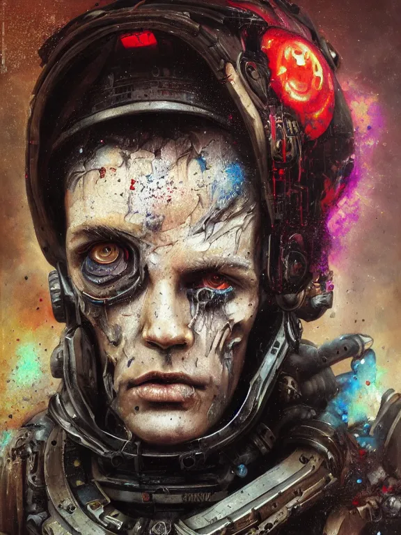 Image similar to art portrait of a space marine, decaying ,8k,by tristan eaton,Stanley Artgermm,Tom Bagshaw,Greg Rutkowski,Carne Griffiths,trending on DeviantArt,face enhance,hyper detailed,minimalist,cybernetic, android, blade runner,full of colour,