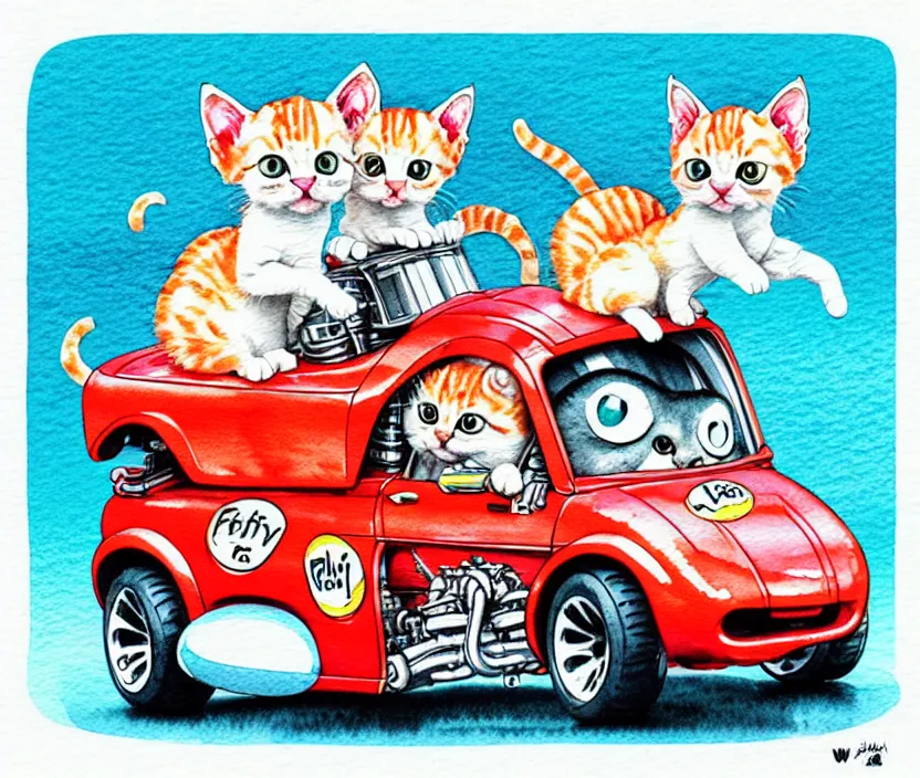 Image similar to cute and funny, kitten wearing a helmet riding in a tiny hot rod with oversized engine, ratfink style by ed roth, centered award winning watercolor pen illustration, isometric illustration by chihiro iwasaki, edited by range murata, tiny details by artgerm and watercolor girl, symmetrically isometrically centered