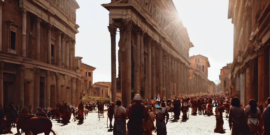 Prompt: low angle wide shot, street scene, ancient rome, mainly roman pedestrians, horses and roman soldiers, volumetric lighting, beautiful, day time, spring, sunny weather, sharp focus, highly detailed, photorealistic, 4 0 0 0 k, f 1. 4, cgsociety