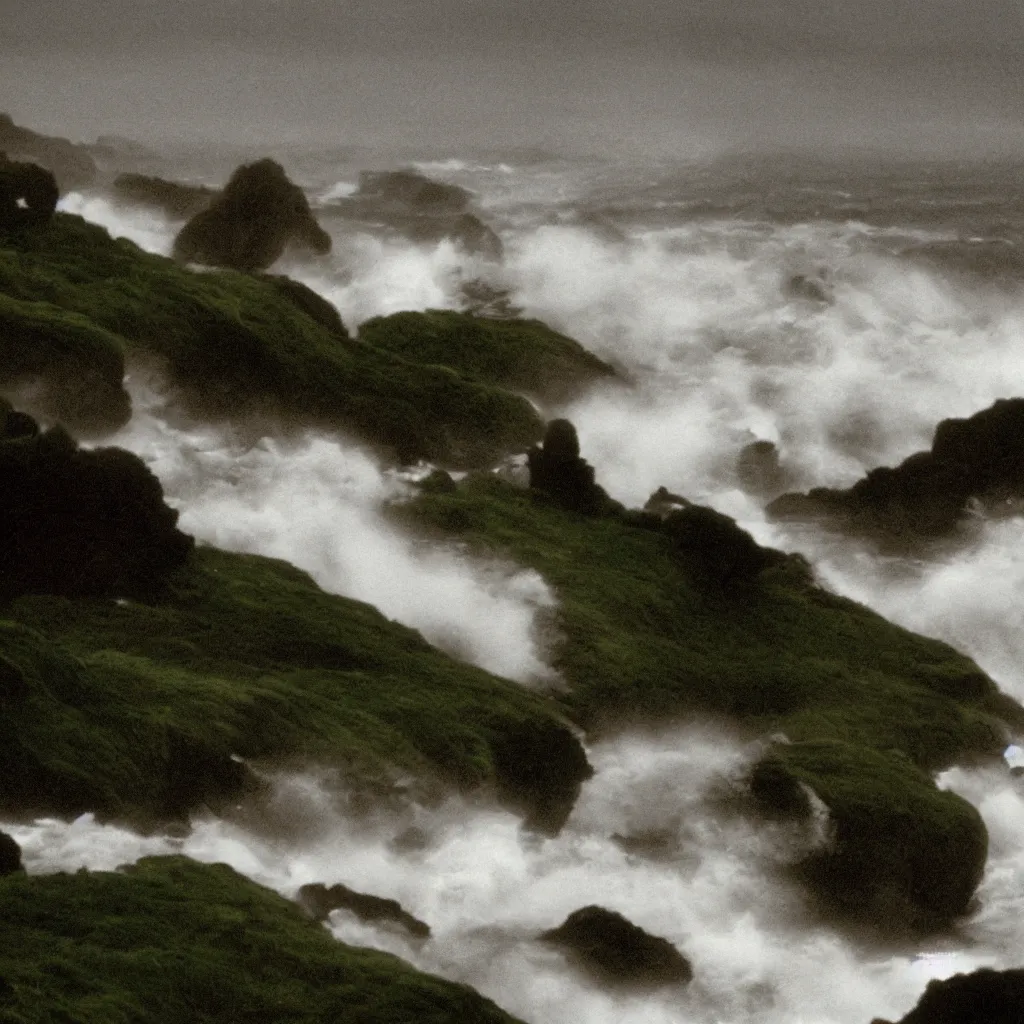 Image similar to dark and moody 1 9 7 0's artistic spaghetti western film in color, a group of women in a giant billowing wide long flowing waving green dresses, standing inside a green mossy irish rocky scenic landscape, crashing waves and sea foam, volumetric lighting, backlit, moody, atmospheric, fog, extremely windy, soft focus