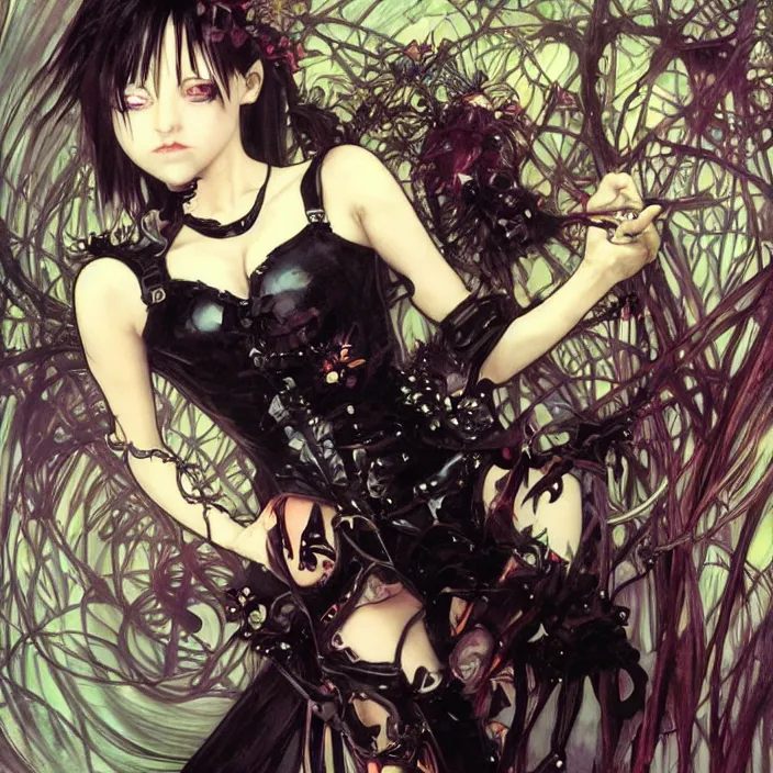 Prompt: little gothic girl, full body, spikes, latex, rubber, rococo, anime aesthetic, chibi, digital painting, sharp focus, concept art, fantasy, by james gurney, by alphonse mucha, by yoshitaka amano, by annie leibovitz