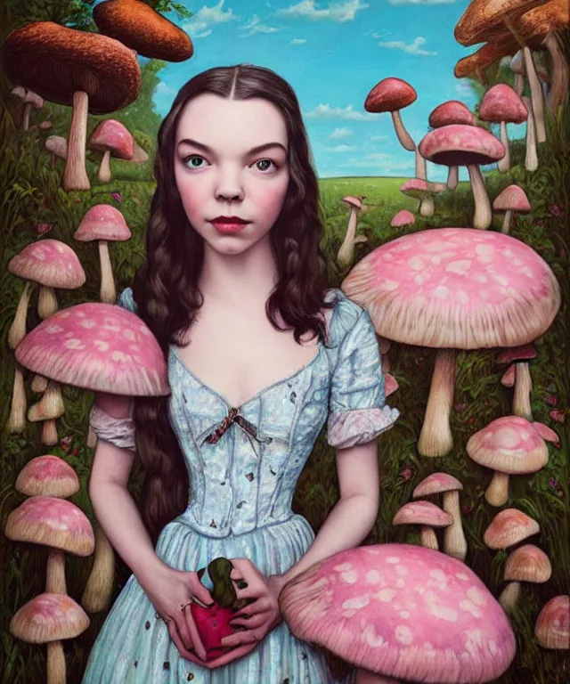 Image similar to portrait of Anya Taylor-Joy in wonderland, giant mushrooms, lowbrow painting by Mark Ryden