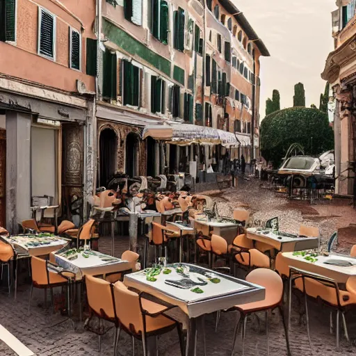 Prompt: a typical alien restaurant in the center of Rome, 8k, hyperrealistic