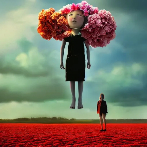 Prompt: face made of carnations flower, girl standing in a flower field, surreal photography, sunrise dramatic light, impressionist painting, colorful clouds, digital painting, artstation, simon stalenhag, flower face