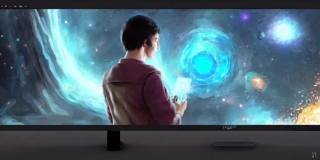 Image similar to a young mage creating a universe in his pc, a male mage in his 2 0 s with black hair sitting in front of wide monitor. hyperrealistic, extremely detailed, award - winning art, trending on artstation