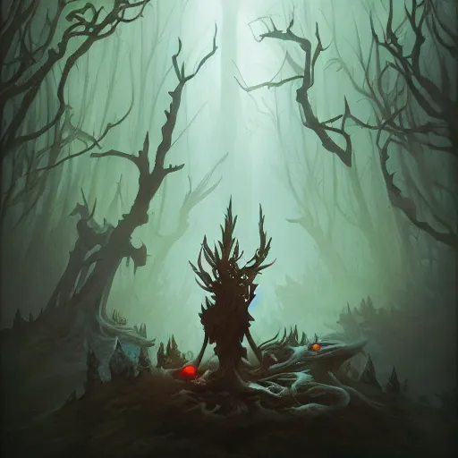 Image similar to A monster in a dark forest, Peter Mohrbacher