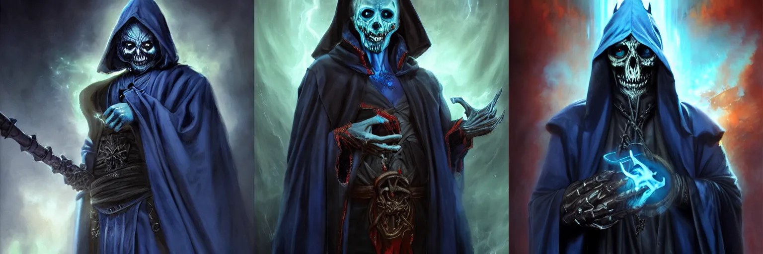 Image similar to undead lich with missing limb (left hand) and missing left eye, dressed in dark blue robes, fantasy, epic, portrait painted by raymond swanland