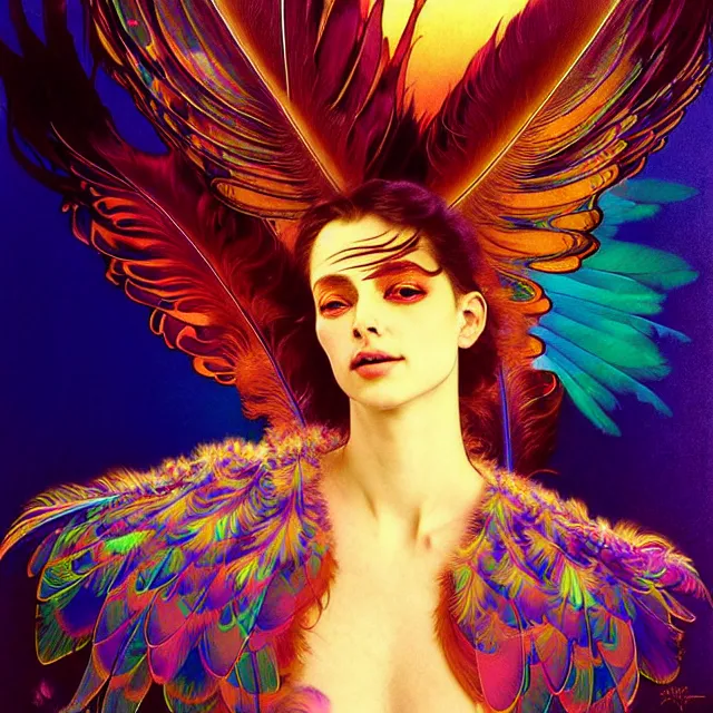 Prompt: face of psychedelic transcendent feather mind bending psychedelic wings of glossy liquid honey flowing like kaleidoscopic translucent holograph, lsd feathers, feathery fluff, enlightenment, high contrast dappled lighting, refracted sunset, highly detailed, concept art, art by collier, albert aublet, krenz cushart, artem demura, alphonse mucha