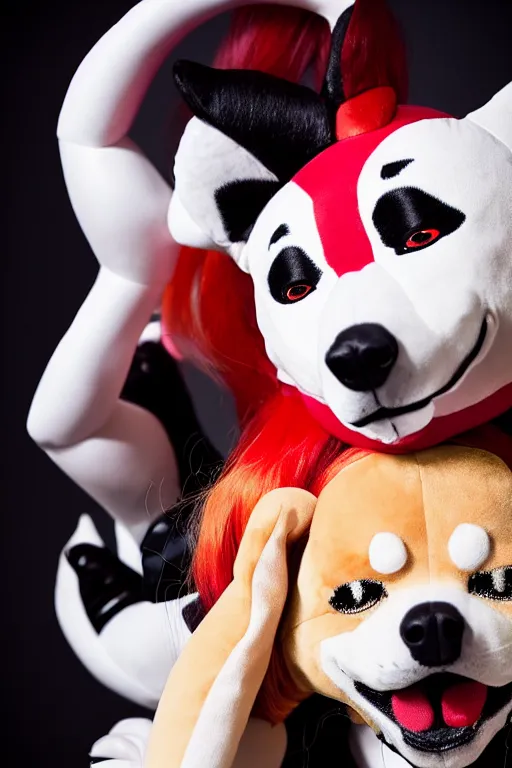 Image similar to lady gaga dressed as harley quinn attacked by plush shiba inu, plush toy, luxury materials, symmetrical, cinematic, elegant, professional studio light, real dlsr photography, sharp focus, 4 k, ultra hd, sense of awe, high fashion