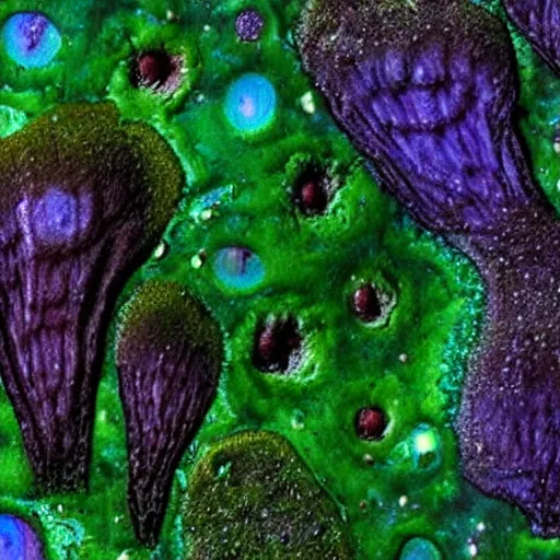 Image similar to a unique alien creepy fungal growth that covers entire landscapes with iridescent globs that have holes in them