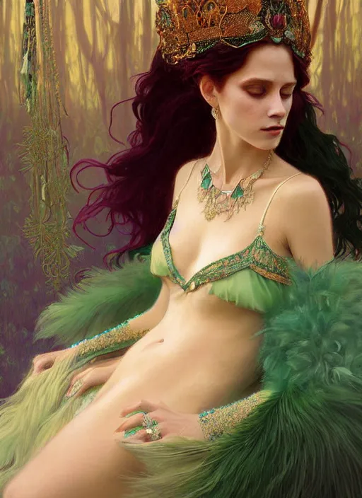 Image similar to ombre velvet gown, emerald, feathers, lovely bohemian princess, portrait, long hair, tiara, dozens of jeweled necklaces, feral languid woman, by greg rutkowski, brom, anato finnstark, alphonse mucha