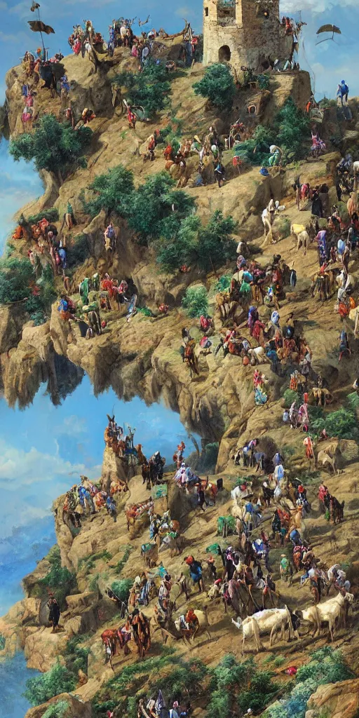 Prompt: a herd of goats climbing a citadel!, colorful, beautiful, highly detailed