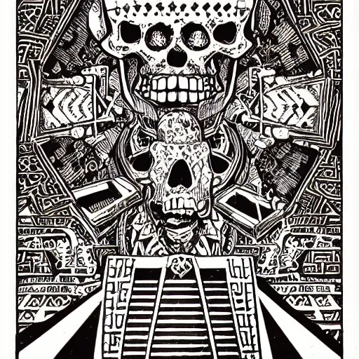 Image similar to precisely drawn illustration of a Mayan ziggurat decorated with skulls, old-fashioned tarot card, victorian playing card, sepia tone, wide angle, sharp, fine details, anime, manga, French comic style, cyberpunk, intense line art, 8k, precise linework, realistic, shaded lighting by katsuhiro otomo ghost-in-the-shell, magali villeneuve, artgerm, rutkowski Jeremy Lipkin and Giuseppe Dangelico Pino and Michael Garmash and Rob Rey and Moebius