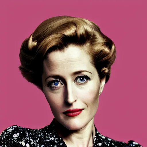 Prompt: photo of a gorgeous 40-year-old Gillian Anderson with 1940s hairstyle by Mario Testino, detailed, head shot, award winning, Sony a7R -