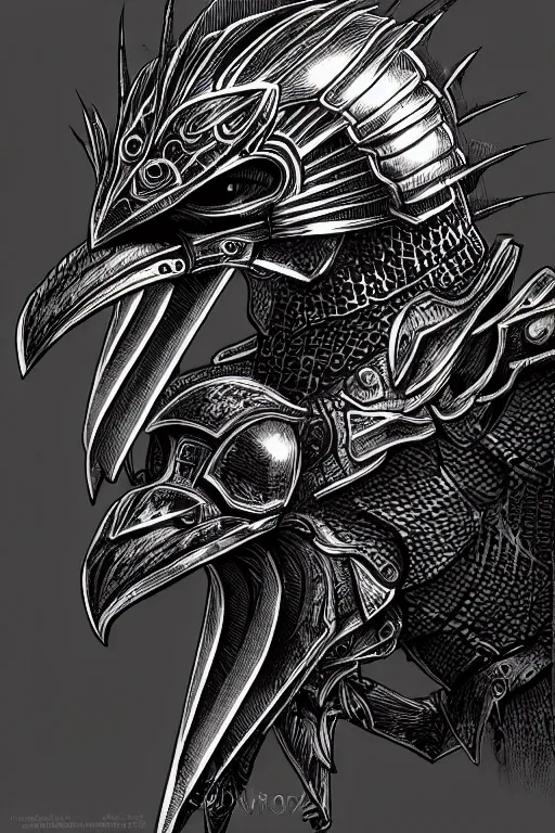 Image similar to armoured warrior, long beak, crows feet, symmetrical, highly detailed, digital art, crow themed armour, sharp focus, trending on art station, kentaro miura manga art style