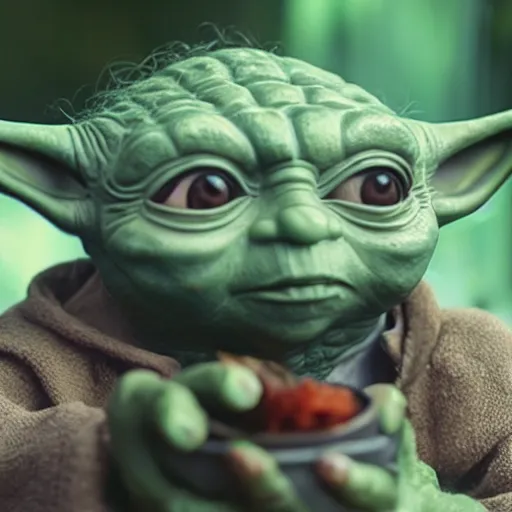 Image similar to A still of Yoda eating pabellón, 4k, photograph, ultra realistic, highly detailed, professional lighting