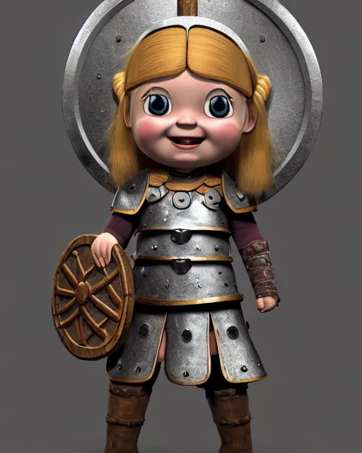 Image similar to an adorable toy of a viking girl with her shield raised to defend, pixar style, authentic viking armor, historically accurate, clean detail, symmetrical, octane render, studio lighting