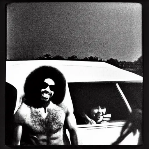 Prompt: joe rogan with an afro, 1 9 7 0's, pontiac car, new jersey, polaroid photo, alien buddy, leaning on car, relaxed and happy, alien buddy is pointing at the sky, laughing. 1 9 7 6, award winning photo