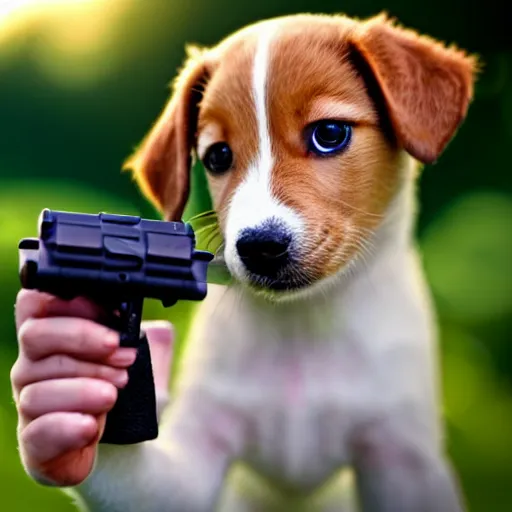 Image similar to a cute little puppy pointing a toy gun at the camera