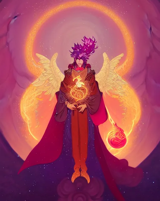 Image similar to a character portrait of only one male angel with golden fiery wings, surrounded with spiriling sparkling rose crystals and galaxies, by peter mohrbacher, hyper light drifter, ukiyo - e trending on artstation