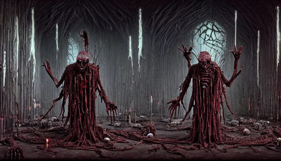 Image similar to a dark rotting alien priest conducts a ceremony, alien church, blood, crosses, religion, death, fear, horror, ultra realistic, hyperrealism, fine details, detailed and intricate environment, by barlowe, by wayne, by gigger, 4 k