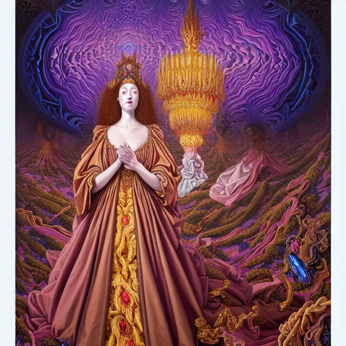 Image similar to beautiful oil painting, full length portrait of dauphinois in baroque coronation robes 1701, Dan Mumford, Dan Mumford, Alex grey, hyacinthe rigaurd, highly detailed , lsd visuals, dmt fractal patterns, hallucinogen, visionary art, psychedelic art, ornate, vaporwave, baroque, Greg rutkowski