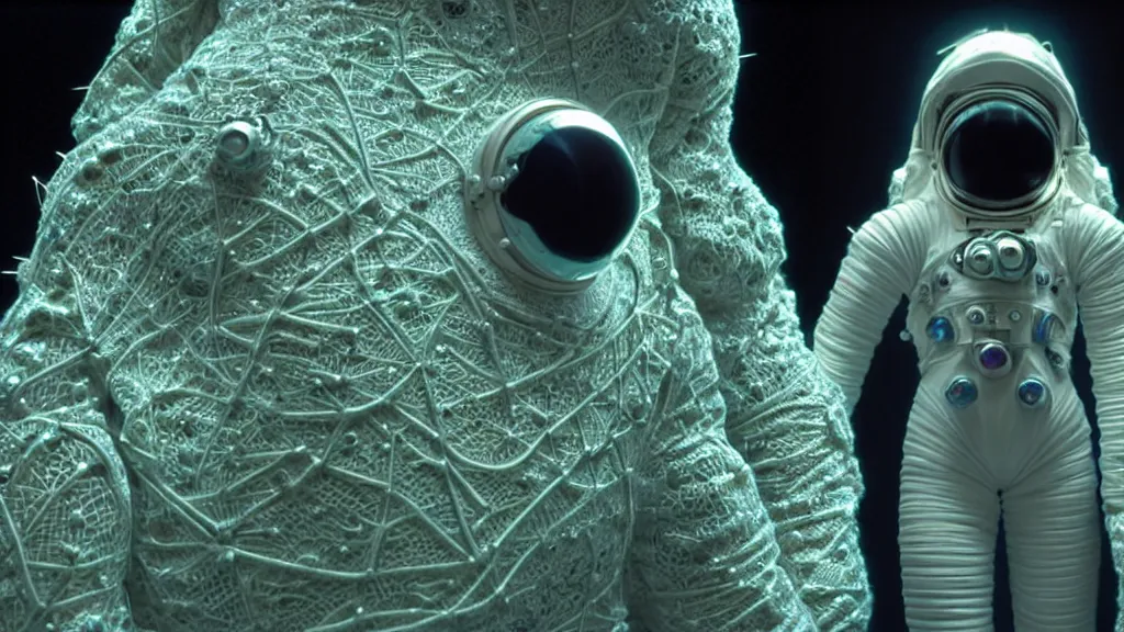 Image similar to a cybernetic symbiosis of a single astronaut eva suit made of pearlescent wearing knitted yarn thread infected with diamond 3d fractal lace iridescent bubble 3d skin covered with stalks of insectoid compound eye camera lenses floats through the living room, film still from the movie directed by Denis Villeneuve with art direction by Salvador Dalí, wide lens,