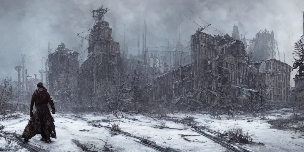 Prompt: A ghoul roaming an abandoned russian factory as concept art for Metro Exodus, winter season, abandoned, ruined buildings, oil painting, painting by Viktor Vasnetsov, concept art, fantasy cityscape, brutalist architecture, painting by Ivan Shishkin, hyperborea, high resolution, trending on artstation,