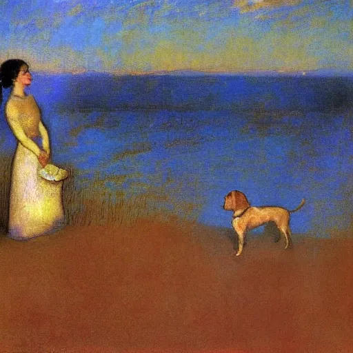 Prompt: a woman and her chiweenie looking out to sea by odilon redon