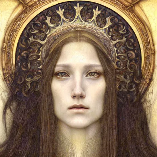 Image similar to detailed realistic beautiful young medieval queen face portrait by jean delville and marco mazzoni, art nouveau, symbolist, visionary, gothic, pre - raphaelite