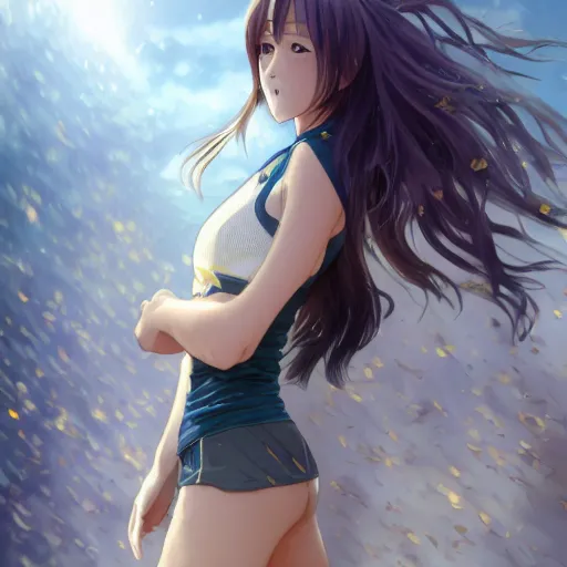 Image similar to a girl is running, sport clothing, anime style, long hair, hair down, symmetrical facial features, yowamushi pedal show, hyper realistic, highly detailed, rule of thirds, extreme detail, detailed drawing, trending artstation, realistic lighting, by alphonse mucha, greg rutkowski, sharp focus, backlit, real faces, realistic anatomy