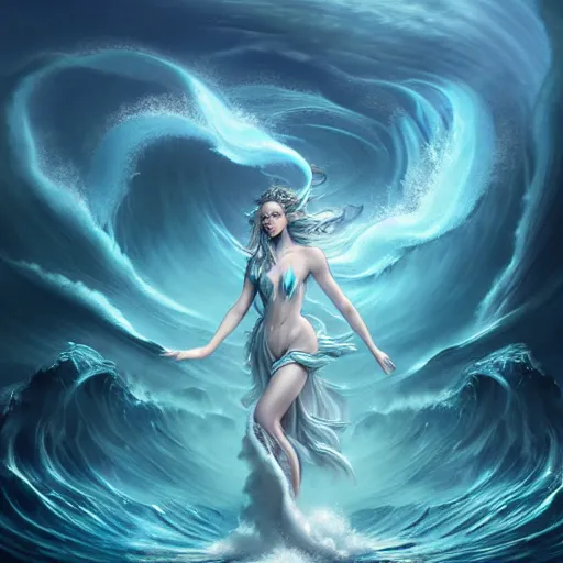 Prompt: powerful goddess of water clothed in swirling water striding through a stormy sea, dress made of water, highly detailed matte fantasy painting, rendered in octane, stormy lighting, by ross tran, by artgerm, by david suh, by peter mohrbacher