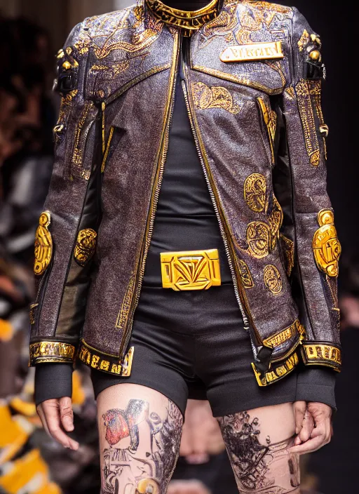 Image similar to hyperrealistic and heavy detailed versace runway show of judge dredd, leica sl 2 5 0 mm, vivid color, high quality, high textured, real life