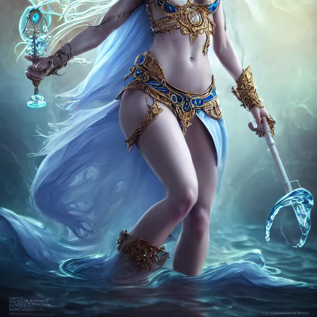 Image similar to beautiful elemental water witch with ornate robes and staff, highly detailed, 4 k, hdr, smooth, sharp focus, high resolution, award - winning photo, artgerm, photorealistic