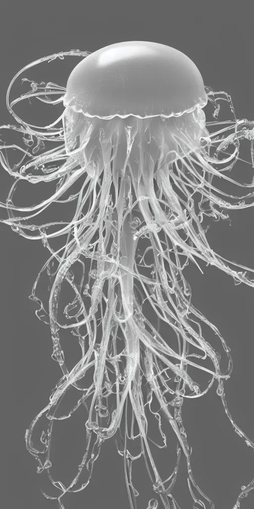 Image similar to a photorealistic render of a neotribal jellyfish, made of melted plastic and marble, c 4 d, by zhelong xu and ernst haeckel, wide angle, hyper realistic, plain black background, 8 k, volumetric lightning, octane render