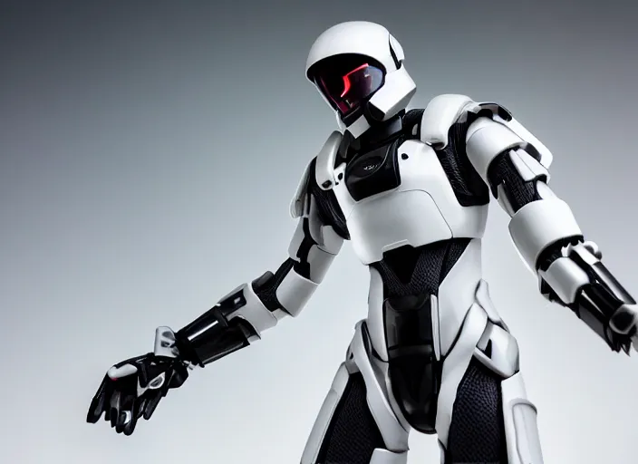 Prompt: cinematic photoshoot of clean modern hand crafted super futuristic tech soldier with exo suit pro display xpr luxury smooth color metal white silver with black leather padding well design ultrareallistic detailed high quality 8 k photorealistic ultra realistic