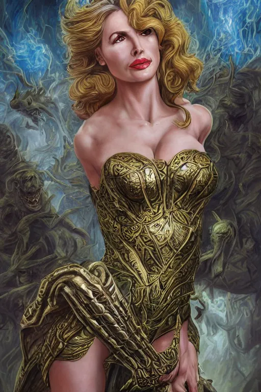 Image similar to A fantasy comic book style portrait painting of Cory Chase, hybrid, Julie Adams (1952), as an Atlantean Reptilian Warrior, François Boucher, Oil Painting, Mystical Valkyrie wearing intricately designed, jewel inlaid Armor, Modest, unreal 5, DAZ, hyperrealistic, octane render, Regal, Refined, Detailed Digital Art, RPG portrait, William-Adolphe Bouguereau, Michael Cheval, Walt Disney (1937), Steampunk, dynamic lighting, Highly Detailed, Cinematic Lighting, Unreal Engine, 8k, HD