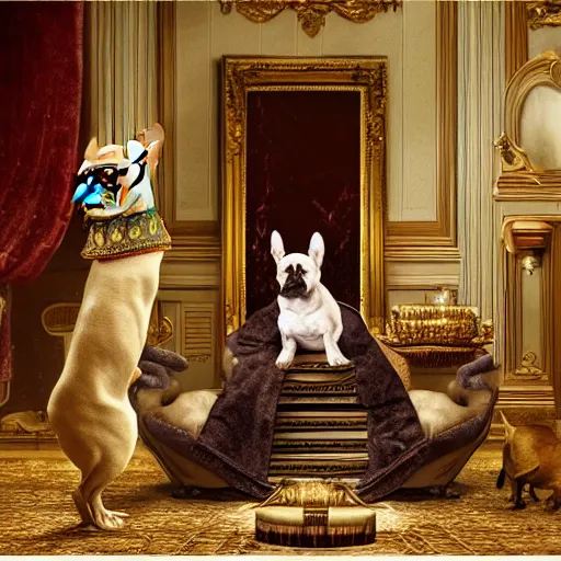 Image similar to 8k highly detailed oil matte painting by Charles Landelle of A French Bulldog King, decadent throne room, the other animals prostrate themselves before the throne